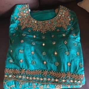green punjabi anarkali dress three pce